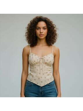 Backyard Roses Yellow Floral Print Corset Cami Top Spaghetti Strap Tank New